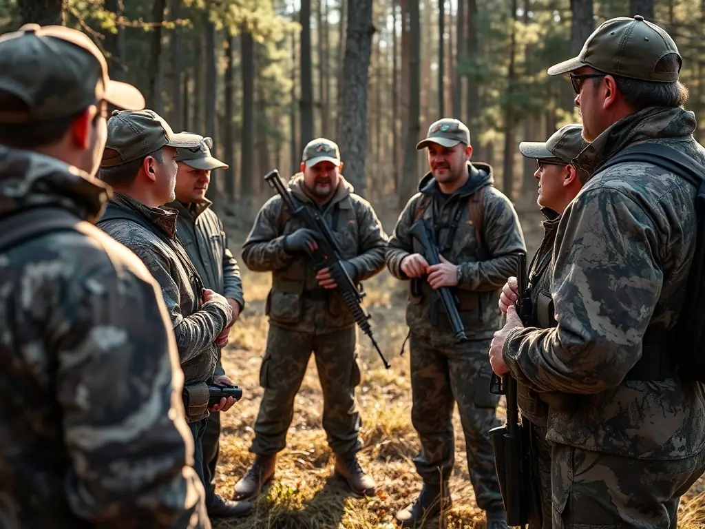 Hunters participating in a training session on ethical hunting practices, emphasizing responsible and sustainable hunting methods.