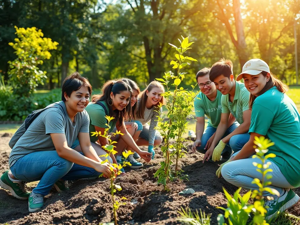 A photo of a diverse group of volunteers working together to restore a natural habitat, planting native trees and removing invasive species.