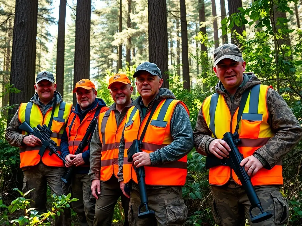 A group of hunters participating in a supervised hunting activity in a controlled area, emphasizing safety and responsible hunting practices.