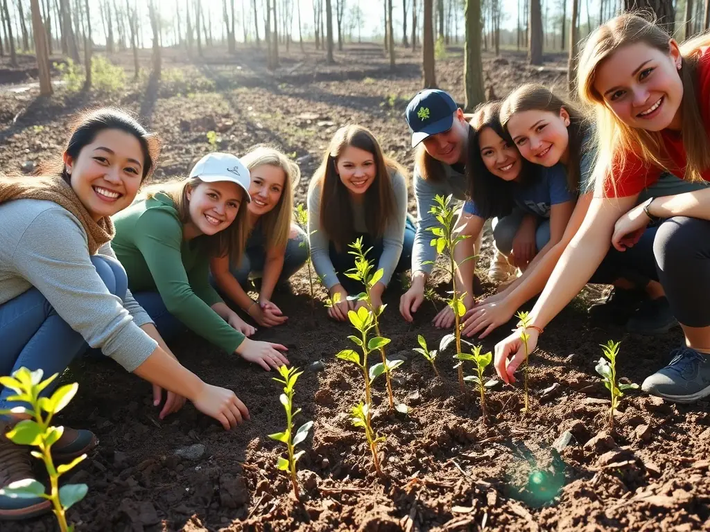 A photograph depicting volunteers planting trees in a deforested area, symbolizing habitat restoration efforts by ASSOCIATION COMMUNALE DE CHASSE AGREEE DE SAINT-JULIEN-DE-TOURSAC.