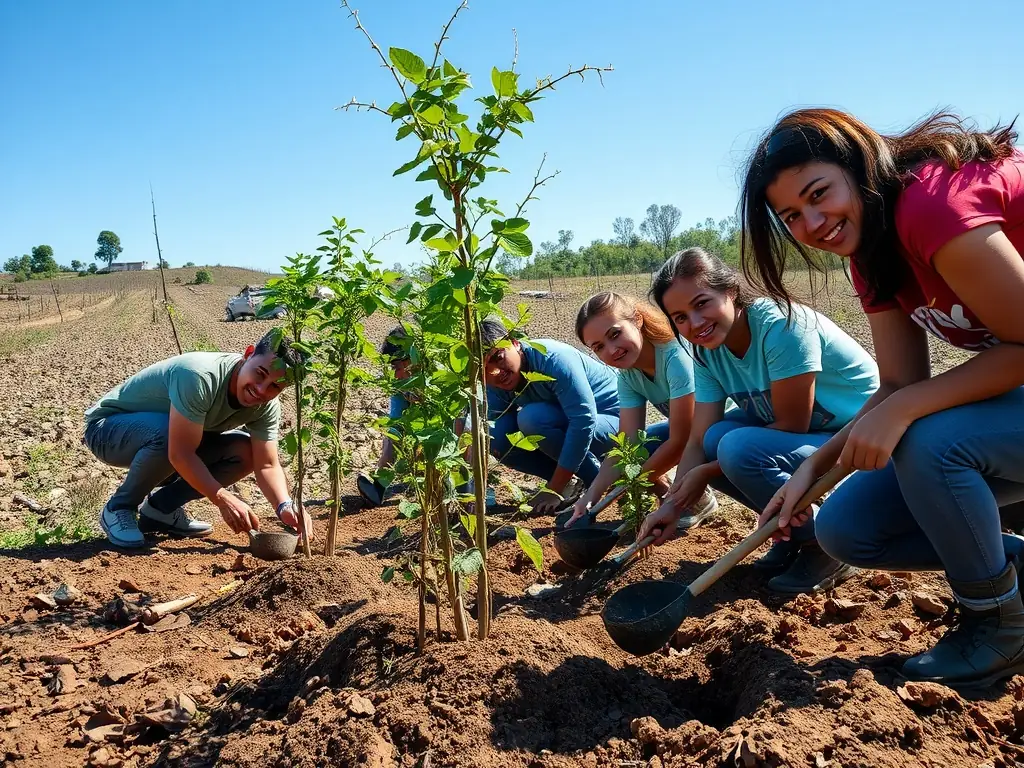 A photograph depicting a group of volunteers planting trees as part of a habitat restoration project organized by ASSOCIATION COMMUNALE DE CHASSE AGREEE DE SAINT-JULIEN-DE-TOURSAC. The image should convey a sense of community involvement and environmental stewardship.