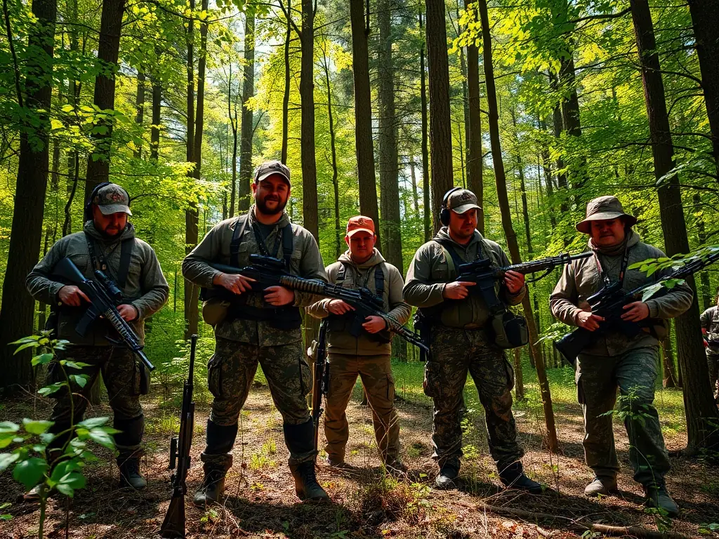 A photograph of a group of hunters participating in a training session on ethical hunting practices, organized by ASSOCIATION COMMUNALE DE CHASSE AGREEE DE SAINT-JULIEN-DE-TOURSAC. The image should emphasize responsible and sustainable hunting.