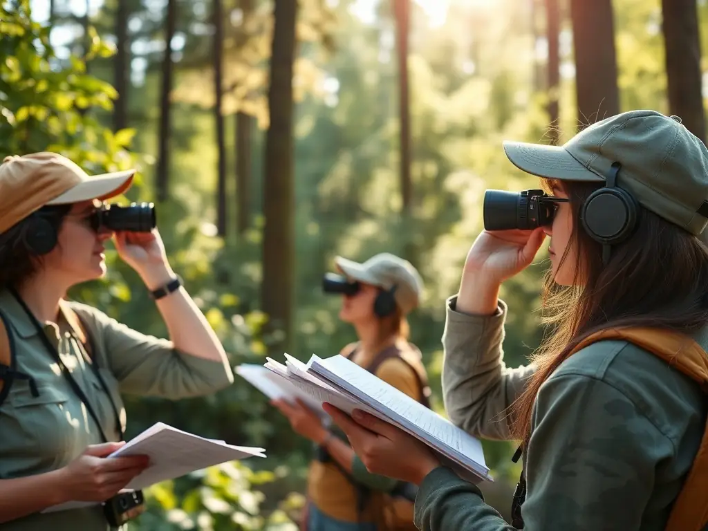 A photograph showcasing a wildlife monitoring activity, with members of ASSOCIATION COMMUNALE DE CHASSE AGREEE DE SAINT-JULIEN-DE-TOURSAC using binoculars and other equipment to observe and record wildlife populations in their natural habitat.
