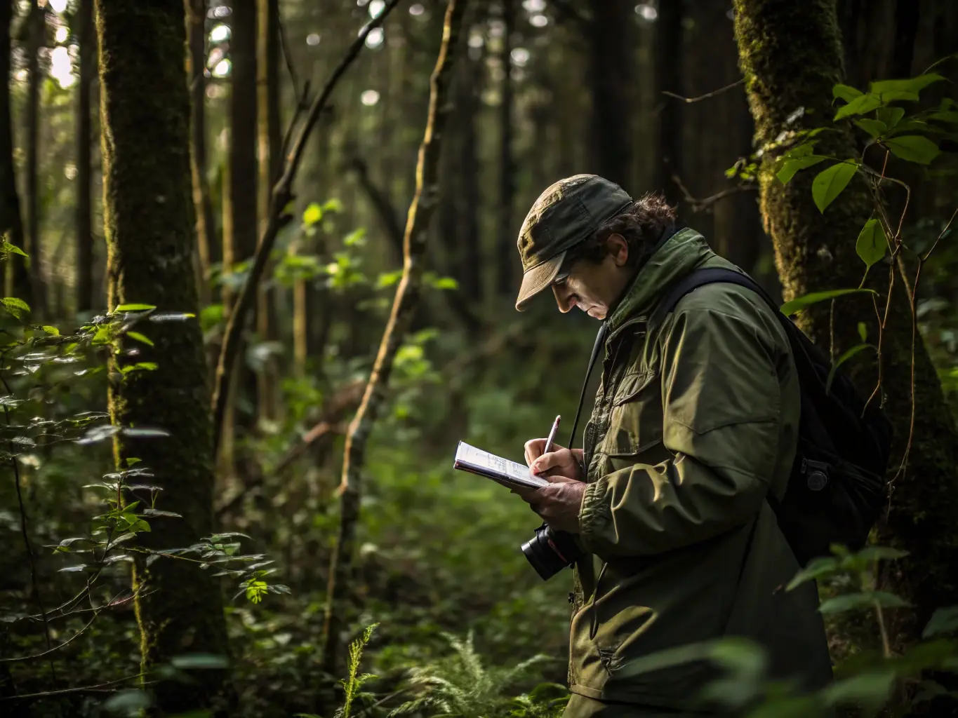 A wildlife biologist tagging a deer in a forest, representing the association's wildlife monitoring and management program.