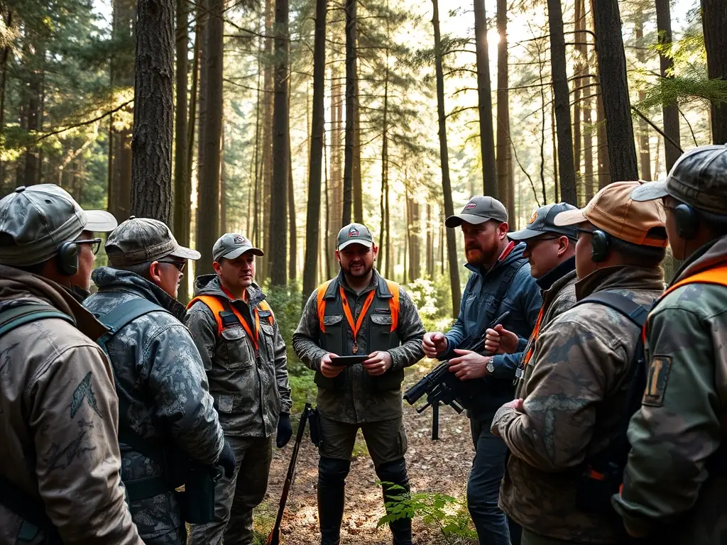 A photograph showing a group of hunters participating in a training session on sustainable hunting practices, organized by ASSOCIATION COMMUNALE DE CHASSE AGREEE DE SAINT-JULIEN-DE-TOURSAC.