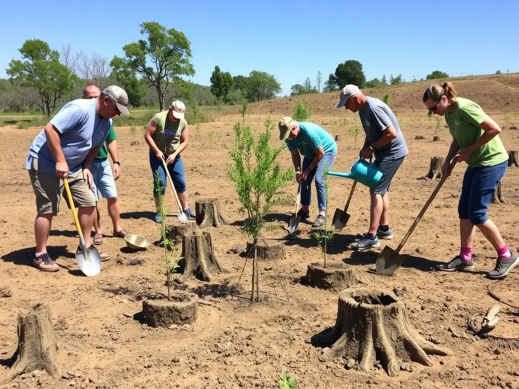 A group of volunteers planting trees in a deforested area, symbolizing habitat restoration efforts by the hunting association.